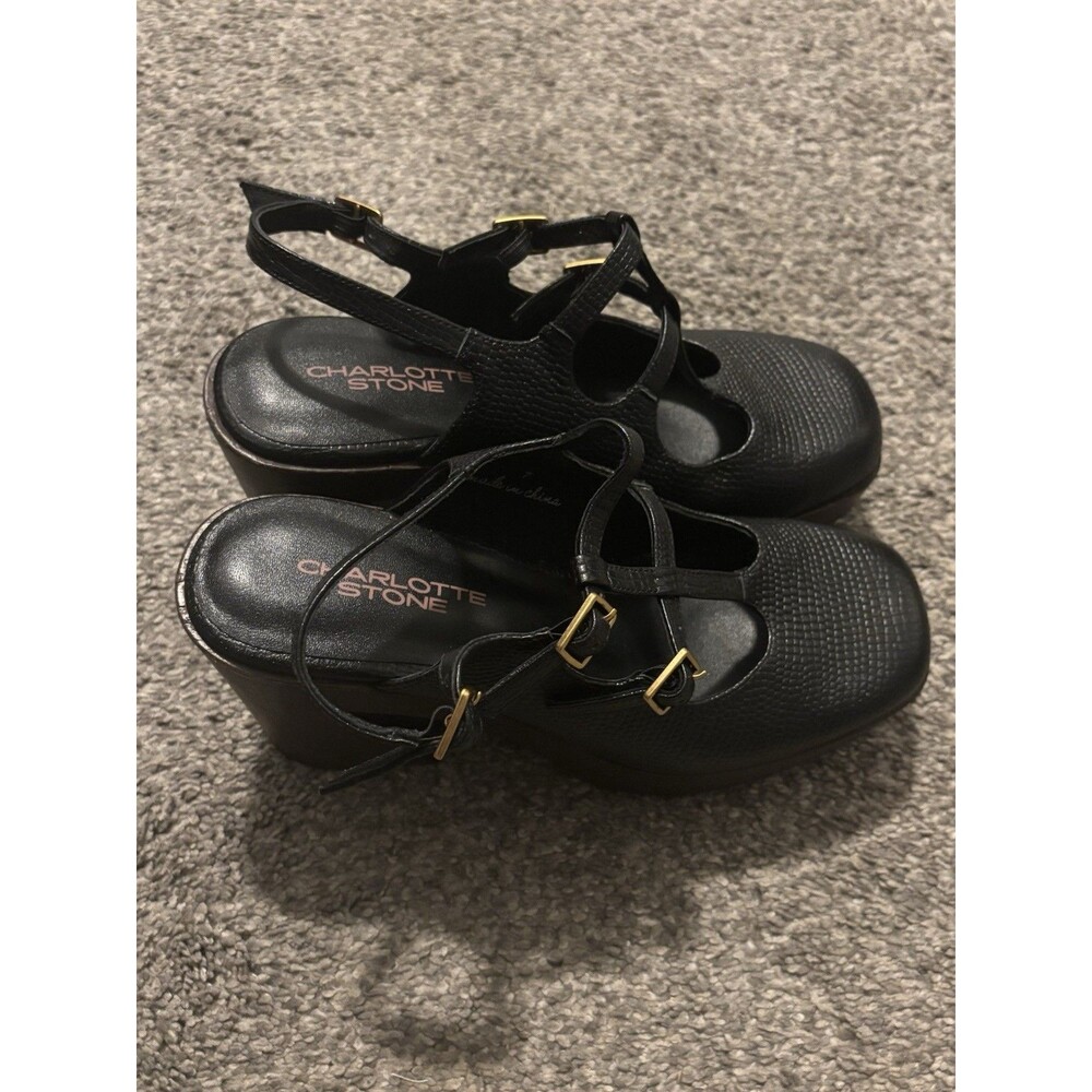 Charlotte‎ Stone Gael Platform Mary Jane Clogs Black Leather Wood Size 7